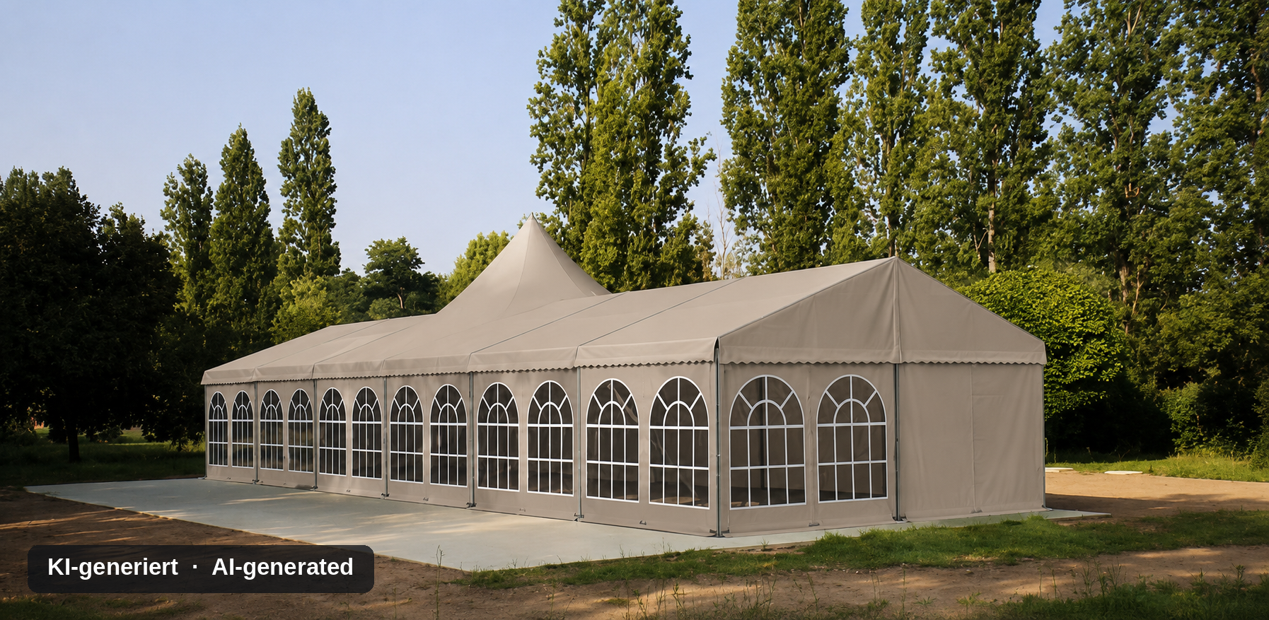 KI-generiertes Bild: lange taupefarbene Zelthalle mit mittig aufgesetzter Pagode und durchgehenden Rundbogen-Sprossenfenstern in einem Park